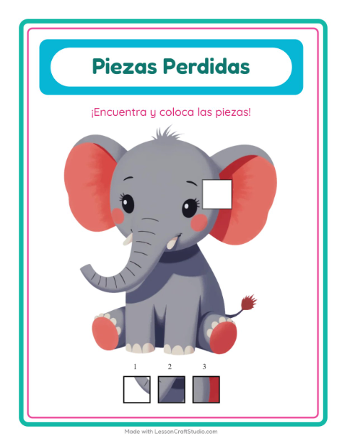 Vista previa de la hoja de Piezas Faltantes con Animales del zoológico para jardín infantil