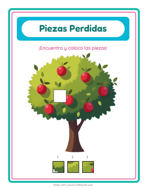 Vista previa de la hoja de Piezas Faltantes con Árboles para jardín infantil