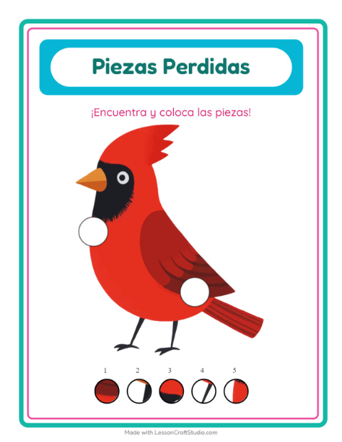 Vista previa de la hoja de Piezas Faltantes con Aves 2 para jardín infantil