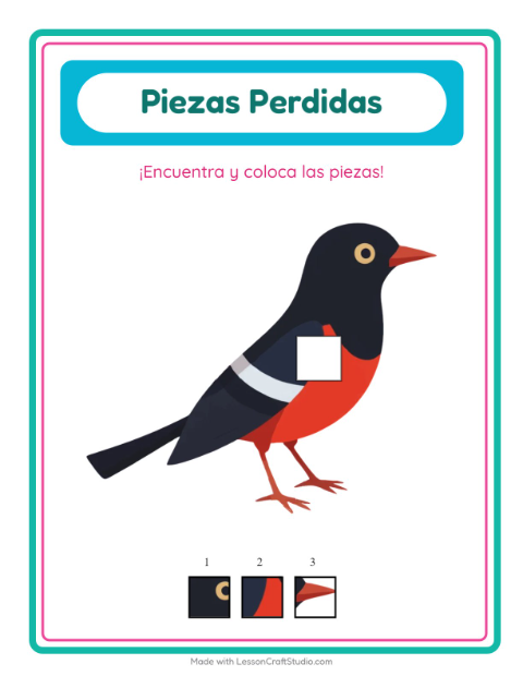 Vista previa de la hoja de Piezas Faltantes con Aves 2 para jardín infantil