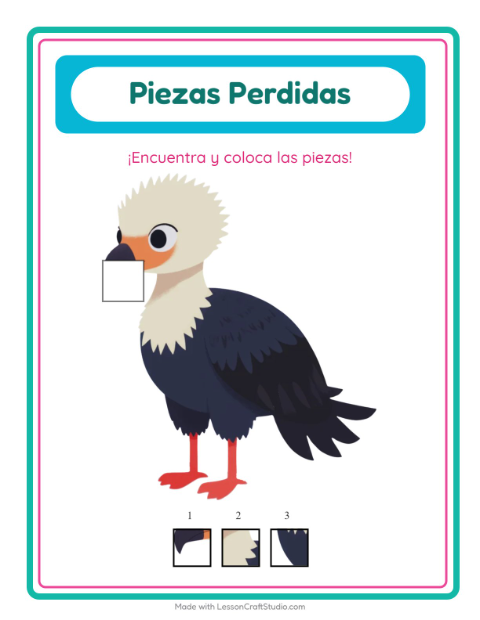 Vista previa de la hoja de Piezas Faltantes con Aves para jardín infantil