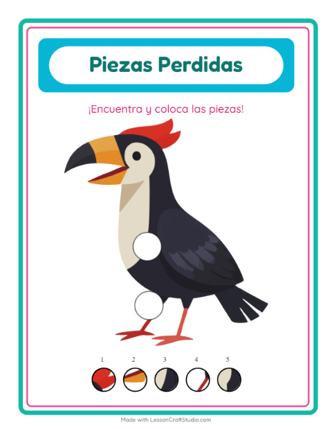 Vista previa de la hoja de Piezas Faltantes con Aves para jardín infantil