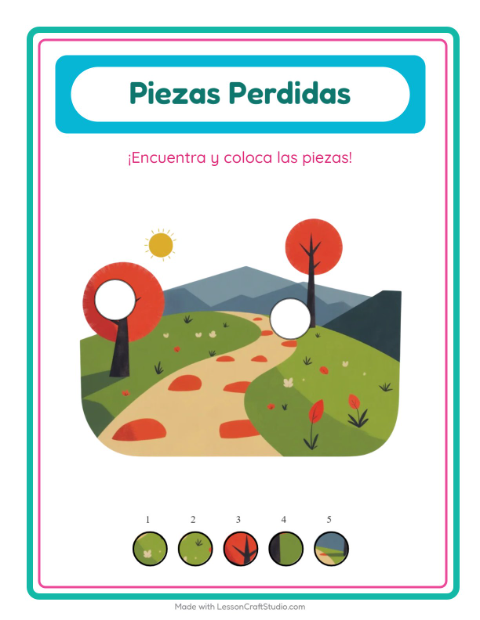 Vista previa de la hoja de Piezas Faltantes con Campamento para jardín infantil