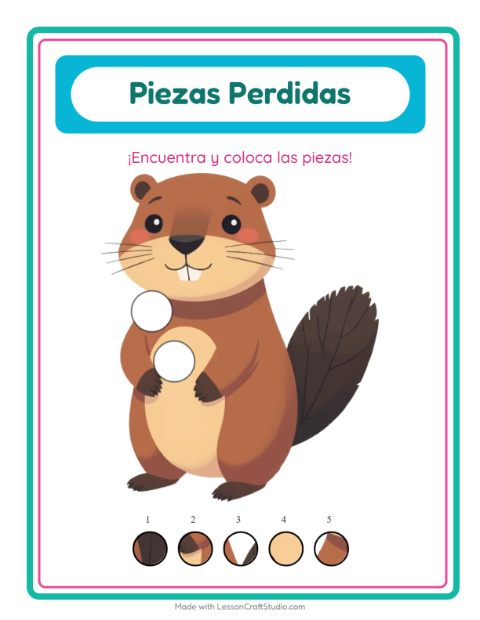 Vista previa de la hoja de Piezas Faltantes con Criaturas del bosque para jardín infantil