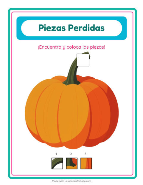 Vista previa de la hoja de Piezas Faltantes con Día de Acción de Gracias para jardín infantil