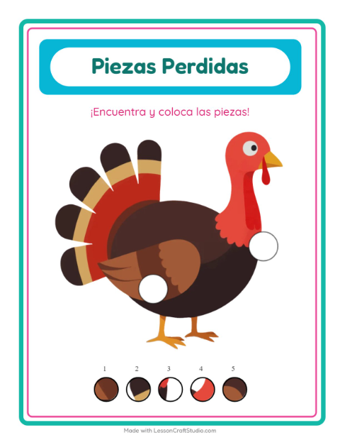 Vista previa de la hoja de Piezas Faltantes con Día de Acción de Gracias para jardín infantil