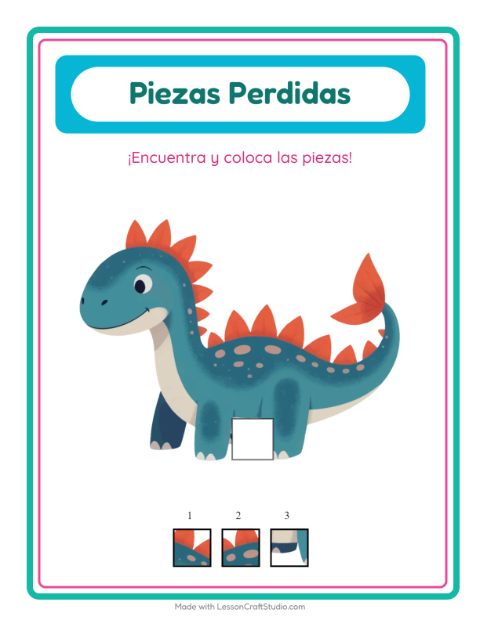Vista previa de la hoja de Piezas Faltantes con Dinosaurios para jardín infantil