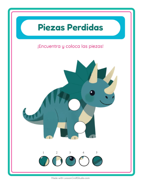 Vista previa de la hoja de Piezas Faltantes con Dinosaurios para jardín infantil