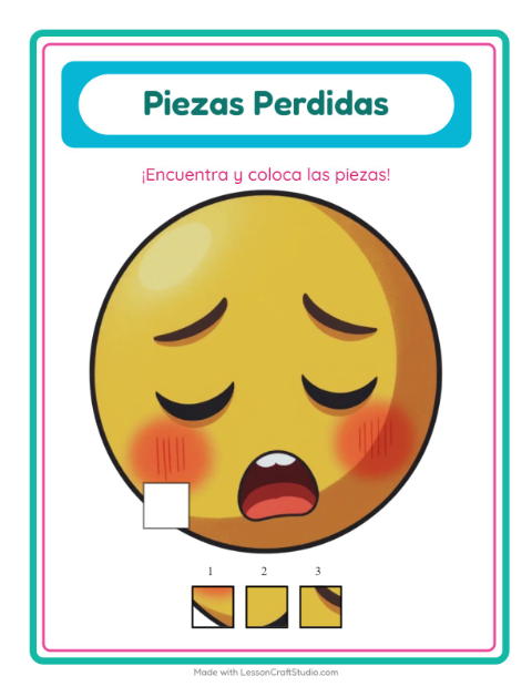 Vista previa de la hoja de Piezas Faltantes con Emociones para jardín infantil