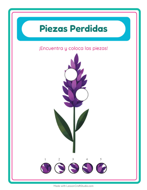 Vista previa de la hoja de Piezas Faltantes con Flores para jardín infantil