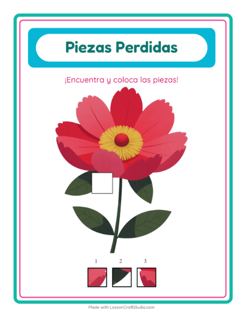 Vista previa de la hoja de Piezas Faltantes con Flores para jardín infantil