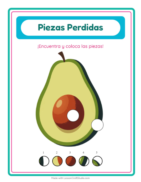 Vista previa de la hoja de Piezas Faltantes con Frutas para jardín infantil