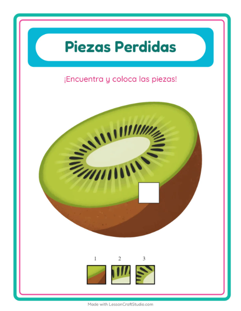 Vista previa de la hoja de Piezas Faltantes con Frutas para jardín infantil