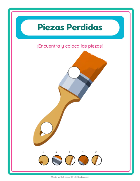 Vista previa de la hoja de Piezas Faltantes con Herramientas para jardín infantil