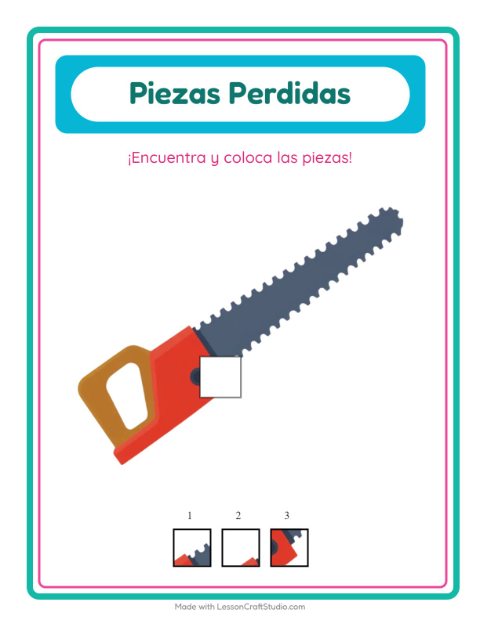 Vista previa de la hoja de Piezas Faltantes con Herramientas para jardín infantil