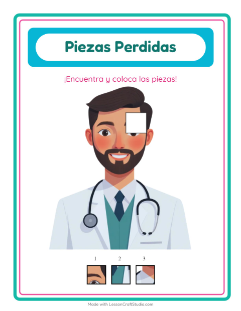 Vista previa de la hoja de Piezas Faltantes con Hospital para jardín infantil