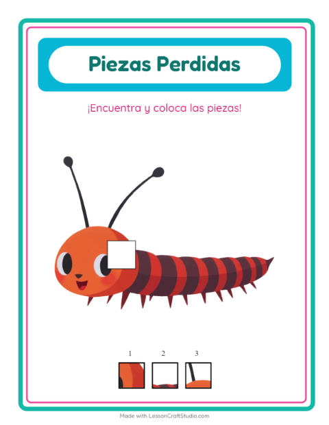 Vista previa de la hoja de Piezas Faltantes con Insectos y bichos para jardín infantil