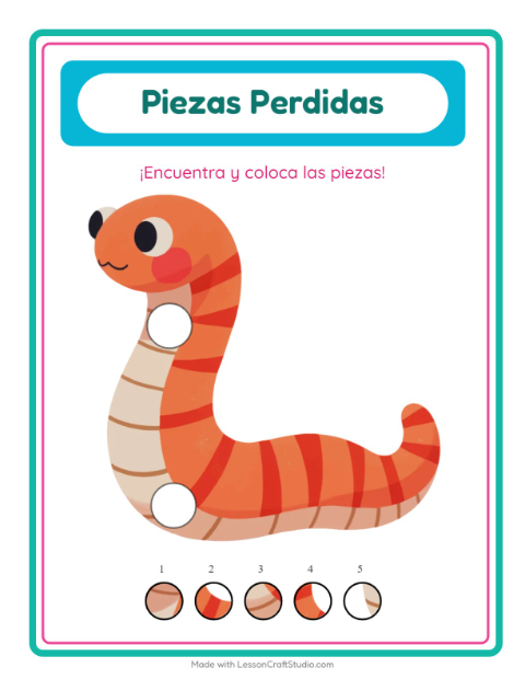 Vista previa de la hoja de Piezas Faltantes con Insectos y bichos para jardín infantil