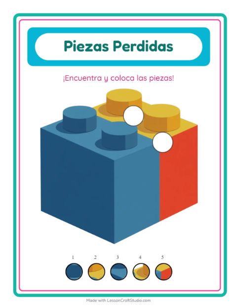 Vista previa de la hoja de Piezas Faltantes con Juguetes para jardín infantil