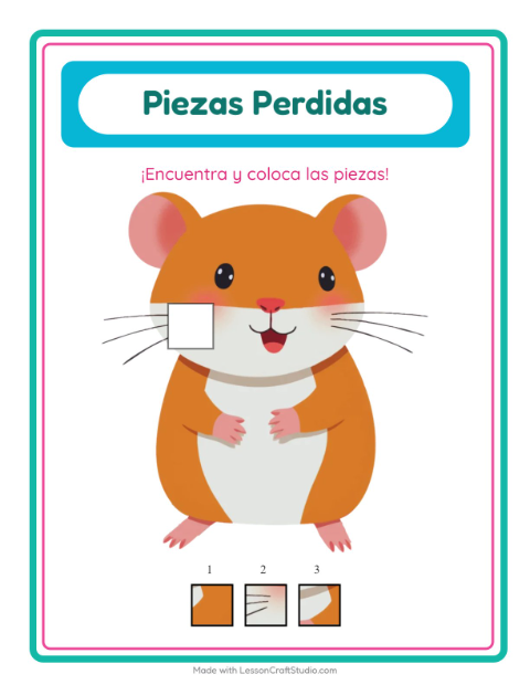 Vista previa de la hoja de Piezas Faltantes con Mascotas para jardín infantil