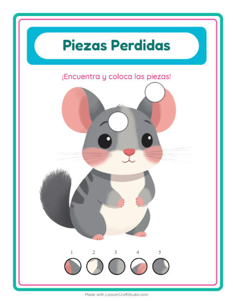 Vista previa de la hoja de Piezas Faltantes con Mascotas para jardín infantil