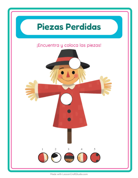 Vista previa de la hoja de Piezas Faltantes con Misceláneo para jardín infantil