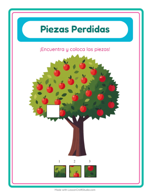 Vista previa de la hoja de Piezas Faltantes con Misceláneo para jardín infantil