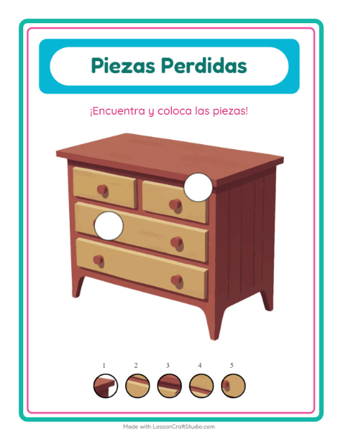 Vista previa de la hoja de Piezas Faltantes con Muebles para jardín infantil
