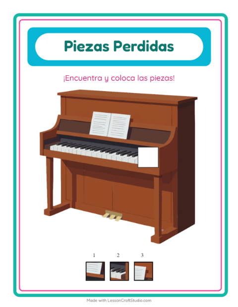 Vista previa de la hoja de Piezas Faltantes con Música para jardín infantil