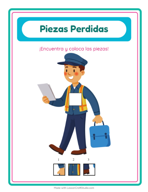 Vista previa de la hoja de Piezas Faltantes con Oficina de correos para jardín infantil