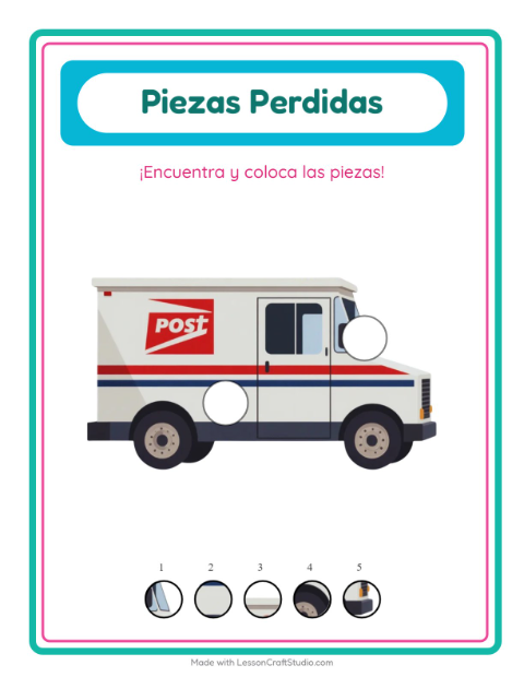 Vista previa de la hoja de Piezas Faltantes con Oficina de correos para jardín infantil