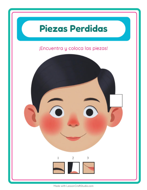 Vista previa de la hoja de Piezas Faltantes con Partes del cuerpo para jardín infantil