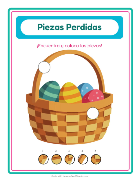 Vista previa de la hoja de Piezas Faltantes con Pascua para jardín infantil