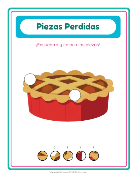 Vista previa de la hoja de Piezas Faltantes con Postres y dulces para jardín infantil