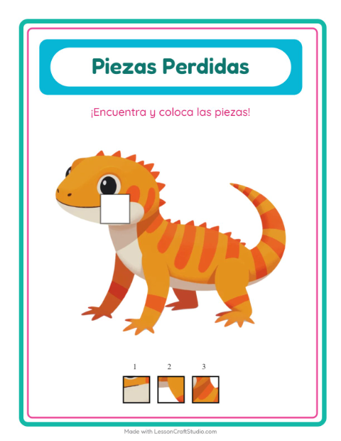 Vista previa de la hoja de Piezas Faltantes con Reptiles y anfibios para jardín infantil
