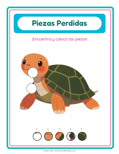 Vista previa de la hoja de Piezas Faltantes con Reptiles y anfibios para jardín infantil