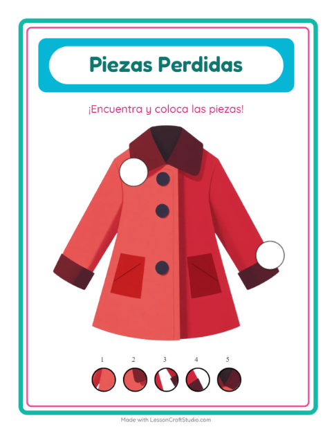 Vista previa de la hoja de Piezas Faltantes con Ropa para jardín infantil