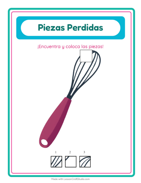 Vista previa de la hoja de Piezas Faltantes con Utensilios de cocina para jardín infantil