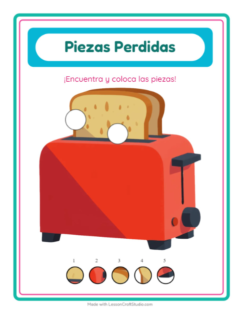 Vista previa de la hoja de Piezas Faltantes con Utensilios de cocina para jardín infantil
