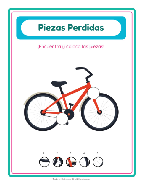 Vista previa de la hoja de Piezas Faltantes con Vehículos para jardín infantil