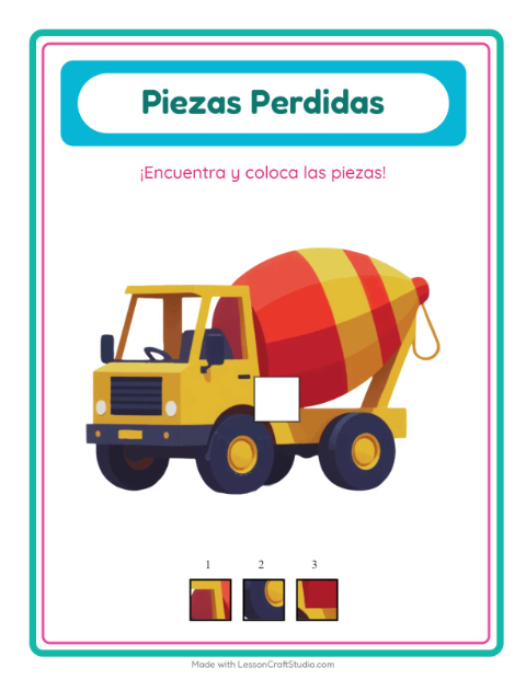 Vista previa de la hoja de Piezas Faltantes con Vehículos para jardín infantil