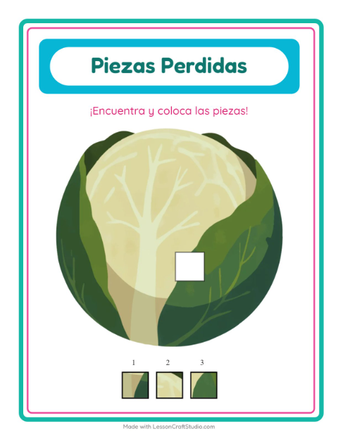 Vista previa de la hoja de Piezas Faltantes con Verduras para jardín infantil