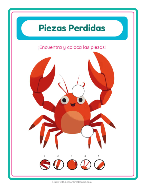 Vista previa de la hoja de Piezas Faltantes con Vida marina para jardín infantil