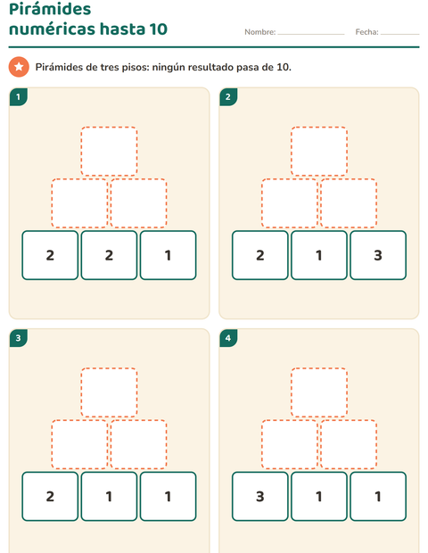 Vista previa de la hoja de Pirámides numéricas para grado 1