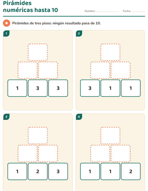 Vista previa de la hoja de Pirámides numéricas para grado 1
