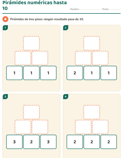 Pirámides numéricas hasta 10: cuatro pirámides de tres pisos — primer grado