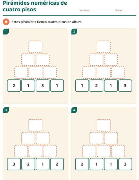 Pirámides numéricas de cuatro pisos: seis ladrillos que rellenar — primer grado