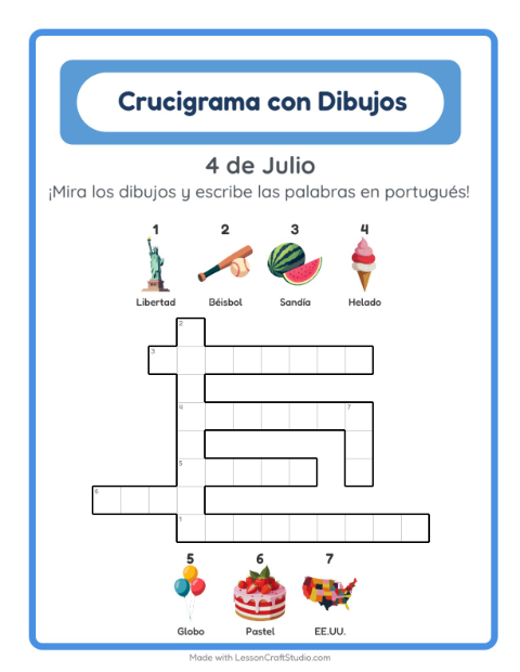 Crucigrama ilustrado en portugués – Cuatro De Julio