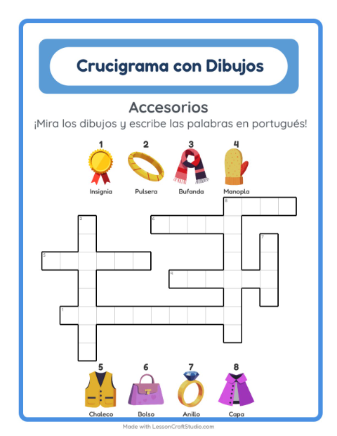 Crucigrama ilustrado en portugués – Accesorios