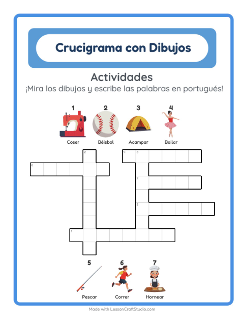 Vista previa de Aprender portugués: Acciones – crucigrama para niños